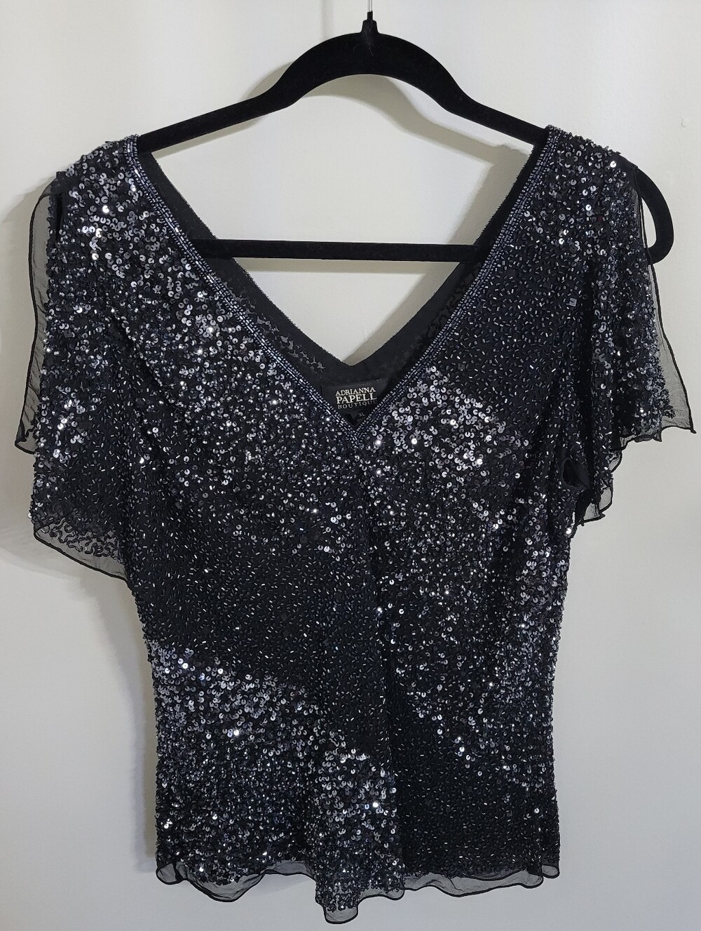 Adrianna Papell Boutique Beaded/Sequin V-neck Silk Top Flutter Sleeves, Size XL